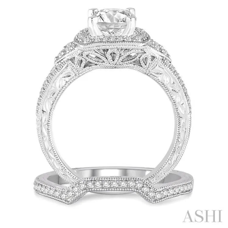 1 1/10 Ctw Diamond Bridal Set with 1 Ctw Round Cut Engagement Ring and 1/10 Ctw Wedding Band in 14K White Gold