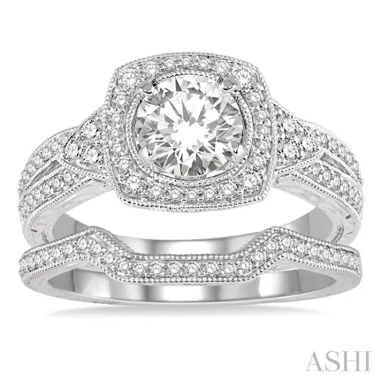 1 1/10 Ctw Diamond Bridal Set with 1 Ctw Round Cut Engagement Ring and 1/10 Ctw Wedding Band in 14K White Gold