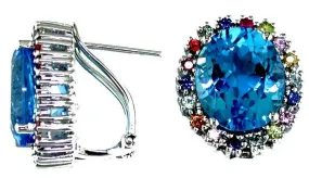 12.40CT AAA MULTI GEM & BLUE TOPAZ 14KT WHITE GOLD 3D OVAL CLIP ON EARRINGS