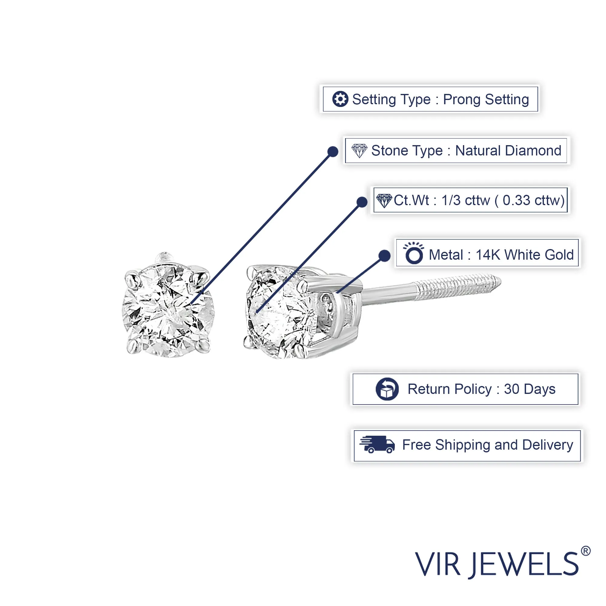 1/3 cttw I1-I2 Certified Diamond Stud Earrings 14K White or Yellow Gold Round with Screw Backs