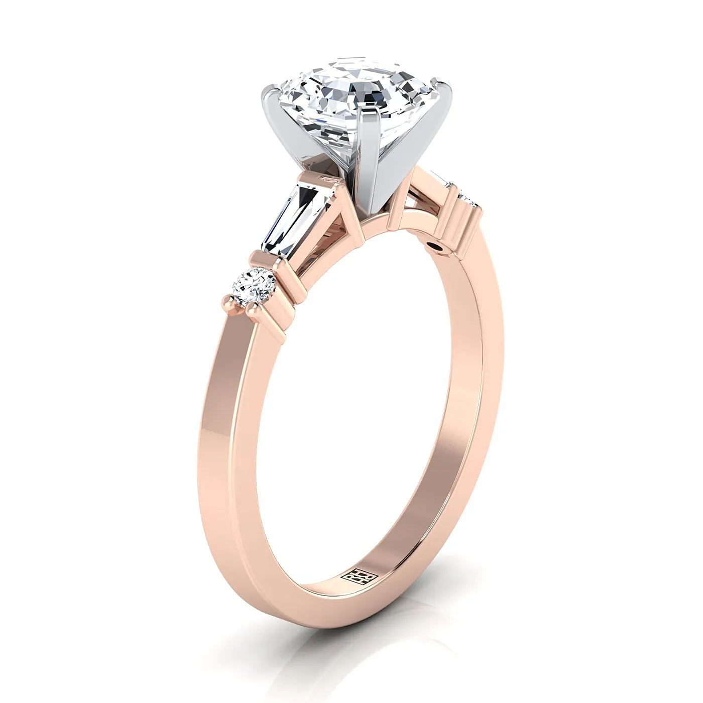 14K Rose Gold Asscher Cut Diamond Simple Baguette and Round Solitaire Engagement Ring -1/4ctw