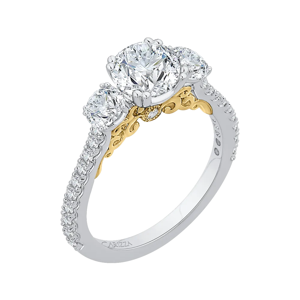 14K Two Tone Gold Round Diamond Three Stone Engagement Ring (Semi Mount)