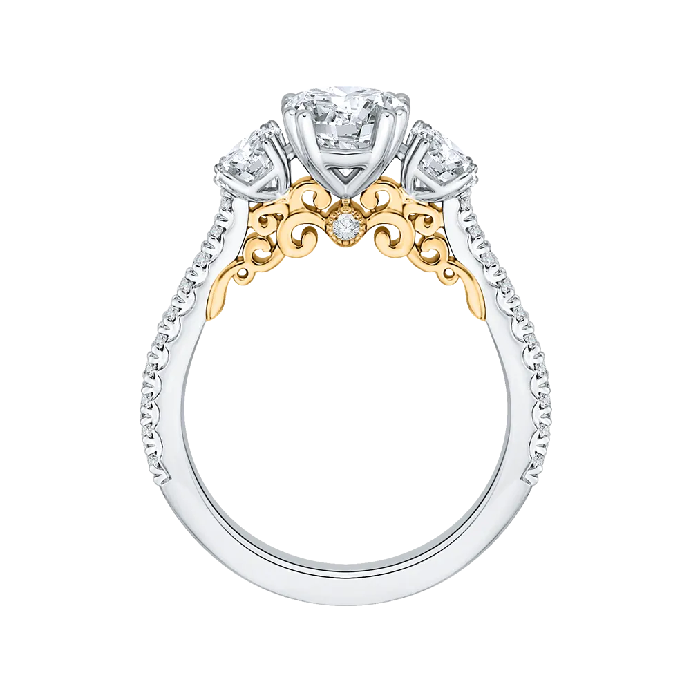 14K Two Tone Gold Round Diamond Three Stone Engagement Ring (Semi Mount)