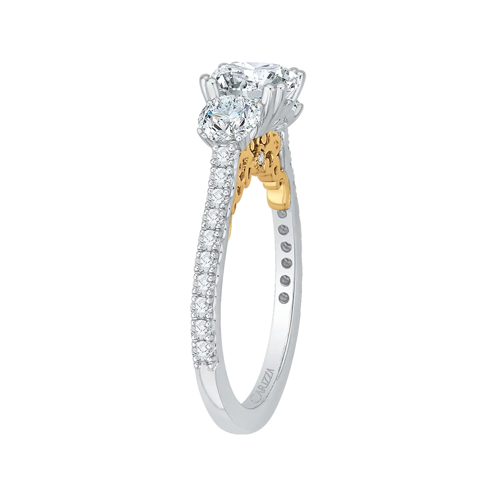 14K Two Tone Gold Round Diamond Three Stone Engagement Ring (Semi Mount)