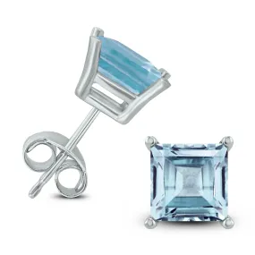 14K White Gold 6Mm Square Blue Topaz Earrings