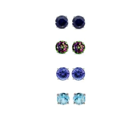 14k White Gold Plated 4Ct Created Black Sapphire, Mystic Topaz, Tanzanite and Blue Topaz 4 Pair Round Stud Earrings