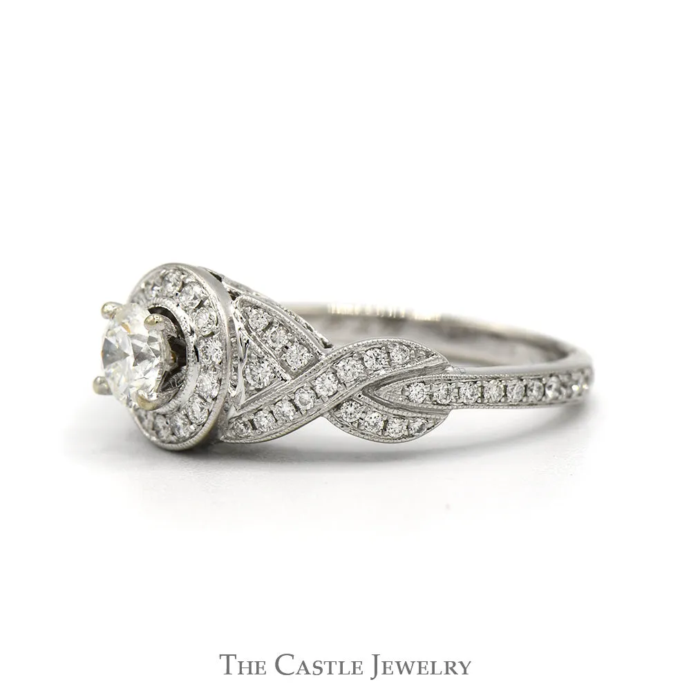 1cttw Round Diamond Neil Lane Designer Engagement Ring with Diamond Halo and Accented Twisted Sides in 14k White Gold