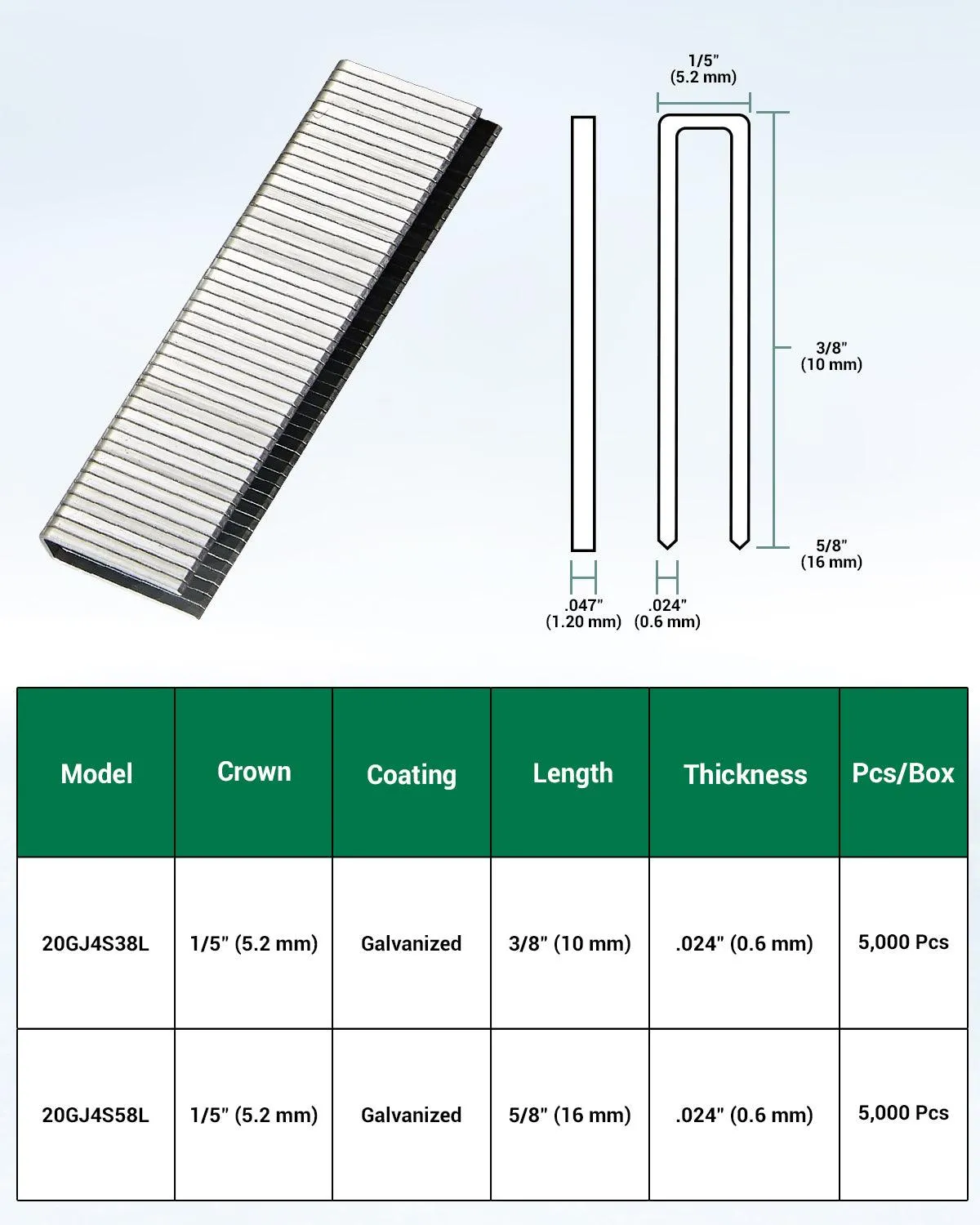 20 Gauge J4 Series 1/5" Crown 3/8" to 5/8" Length Staples Fine Wire Staples