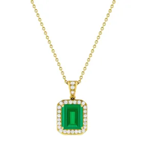 2.44ct Emerald Cut Emerald with Diamond Halo Pendant | Pre-Loved | 18K Yellow Gold