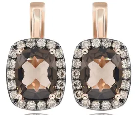 2.92CT MOCHA DIAMOND & AAA SMOKEY TOPAZ 14KT ROSE GOLD CUSHION HANGING EARRINGS