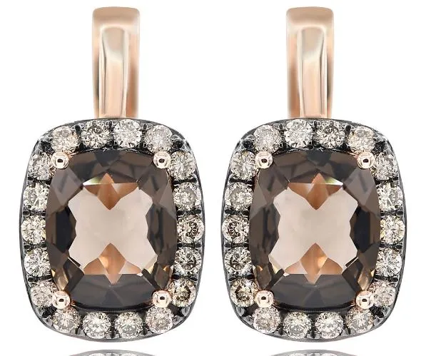 2.92CT MOCHA DIAMOND & AAA SMOKEY TOPAZ 14KT ROSE GOLD CUSHION HANGING EARRINGS