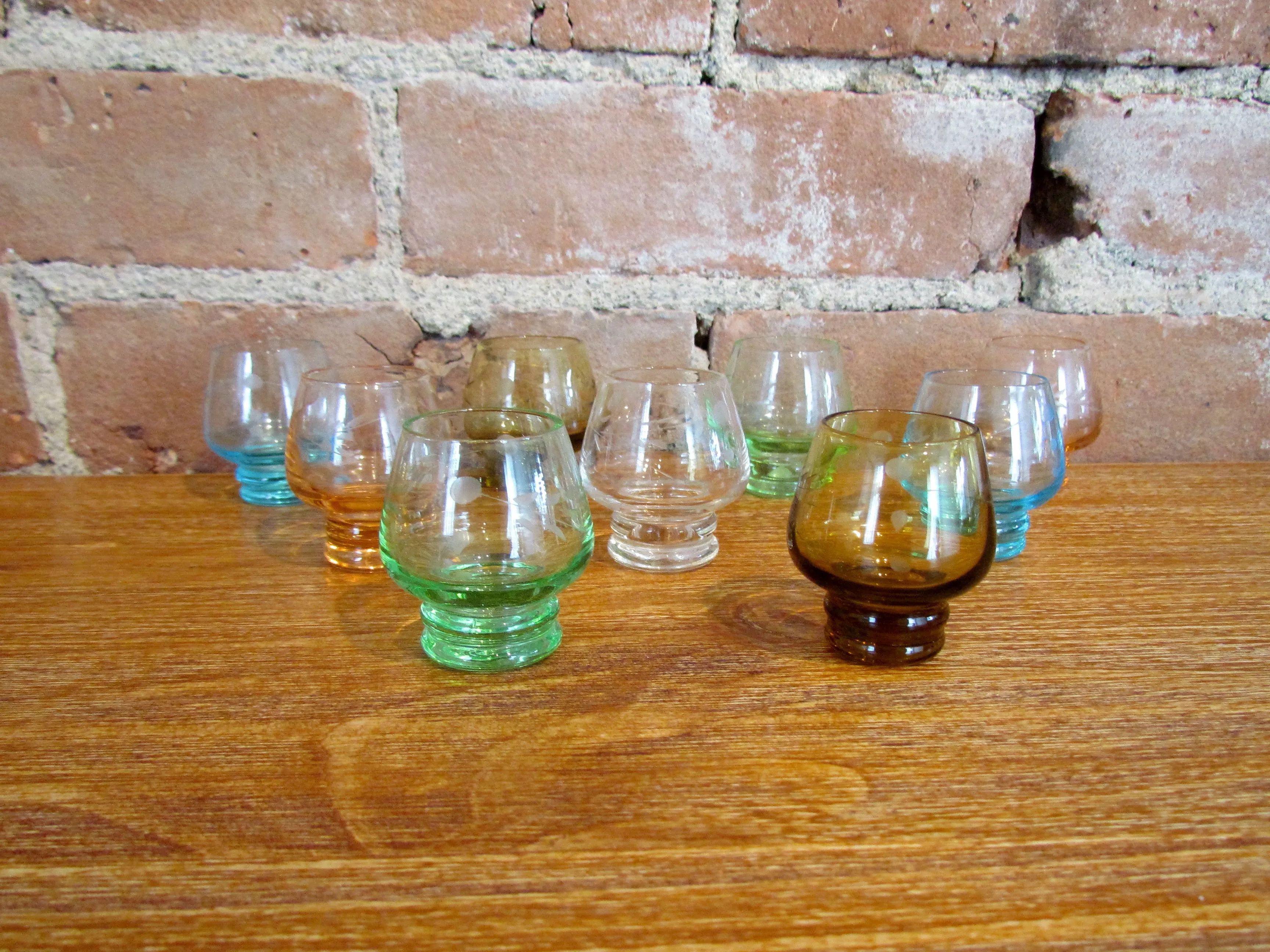 9 Depression Glass Cordial Glasses Multicolor Shot Glass Bar Set
