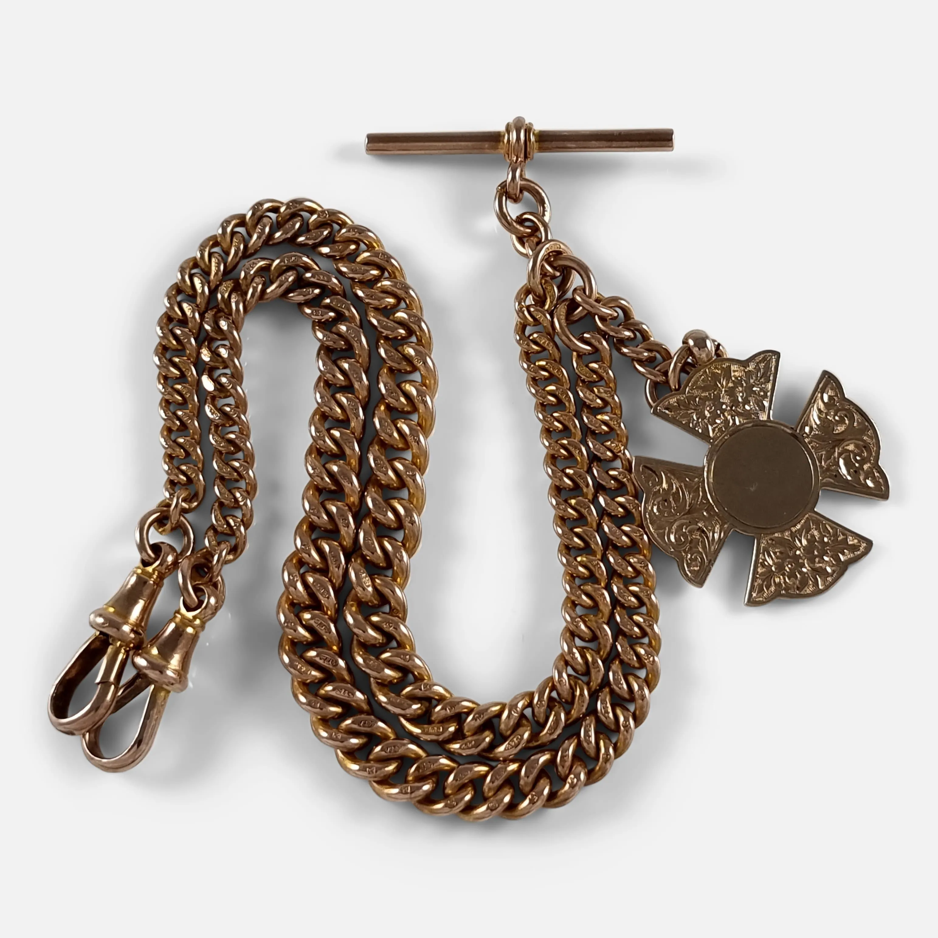 9ct Rose Gold Double Albert Watch Chain, and Fob, 43.7g