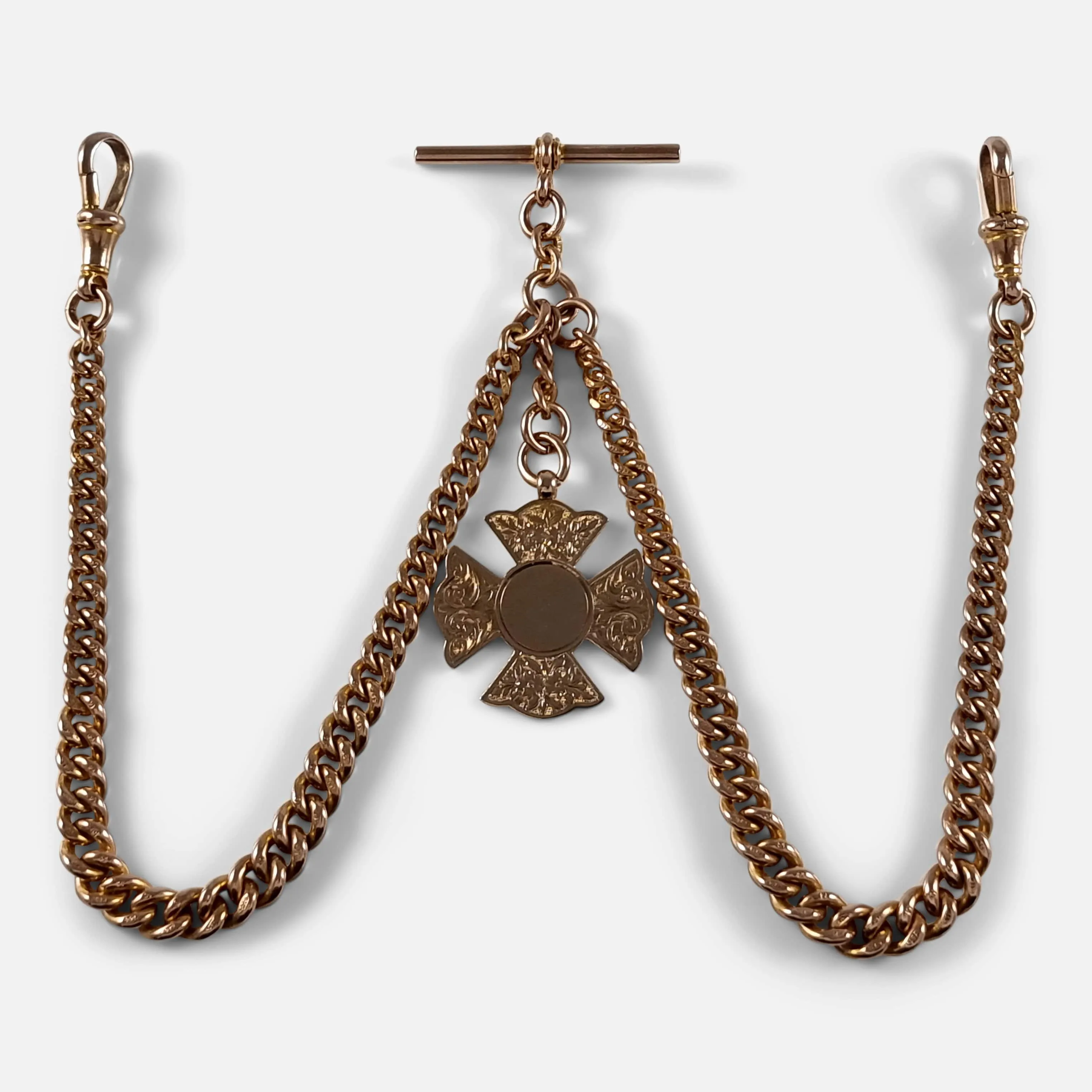 9ct Rose Gold Double Albert Watch Chain, and Fob, 43.7g