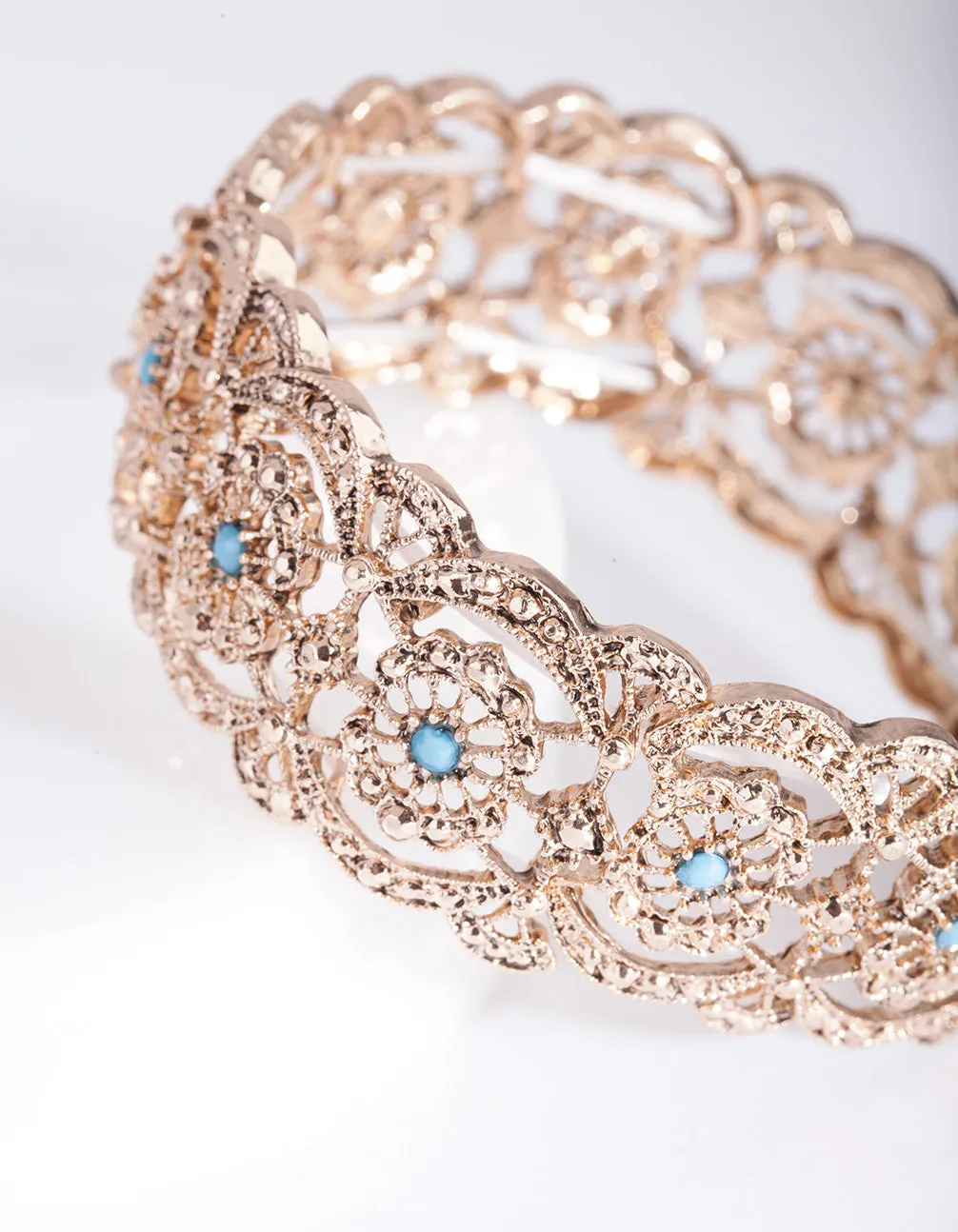 Antique Gold Teal Filigree Stretch Bracelet