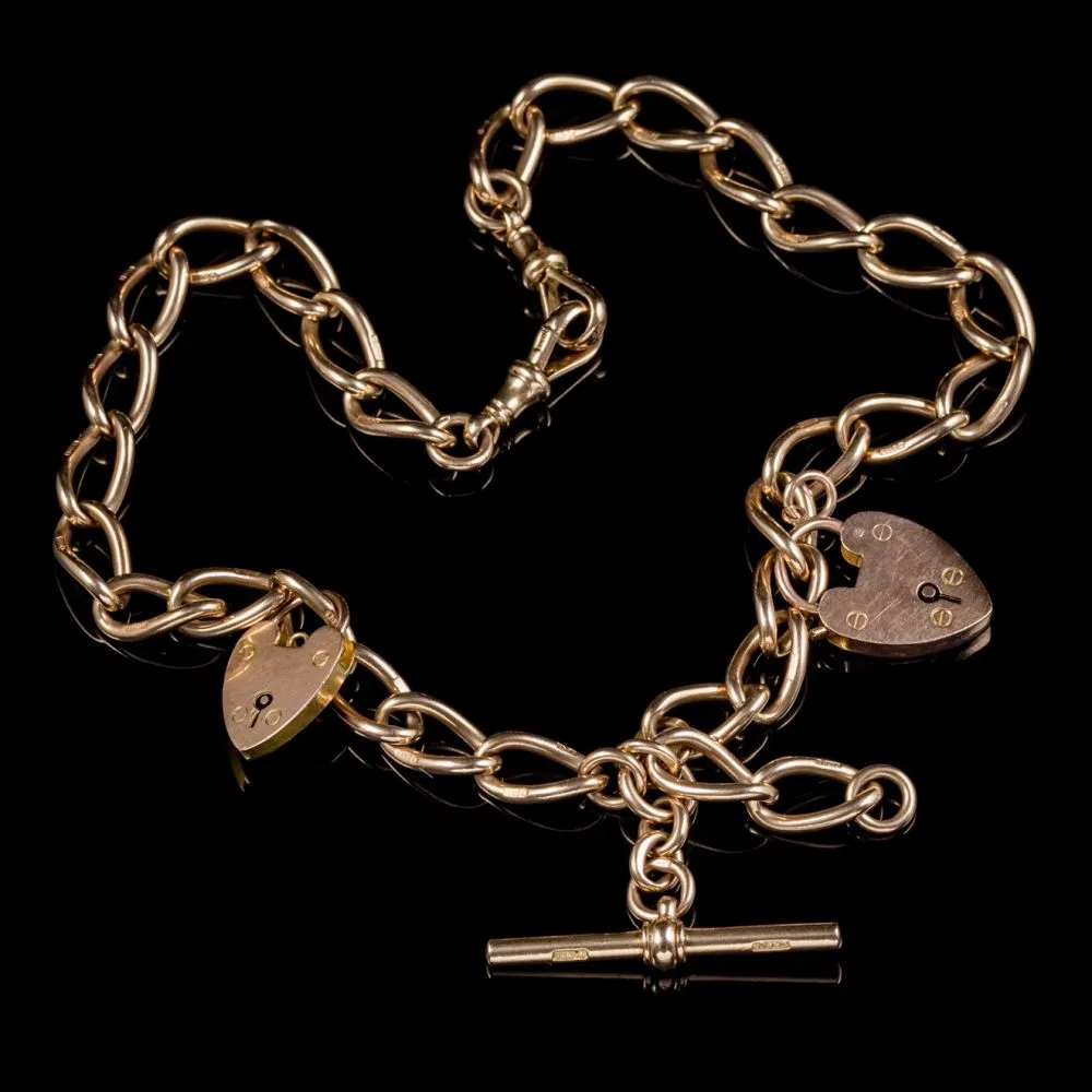 Antique Victorian 9Ct Rose Gold Albert Chain Double Heart Padlock Necklace Circa 1880