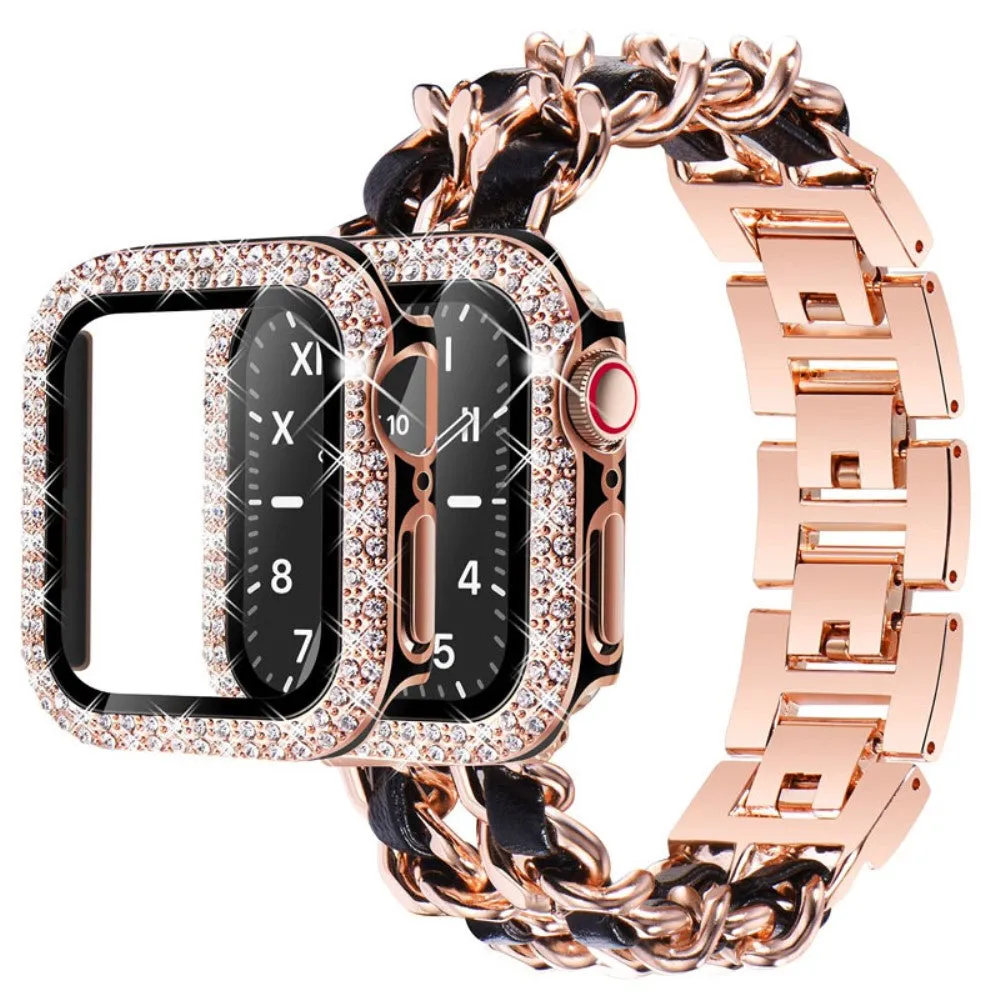 Apple Watch Series 3/2/1 38mm elegant stainless steel with rhinestone cover - Rose Gold / Black Leather
