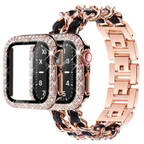 Apple Watch Series 3/2/1 38mm elegant stainless steel with rhinestone cover - Rose Gold / Black Leather