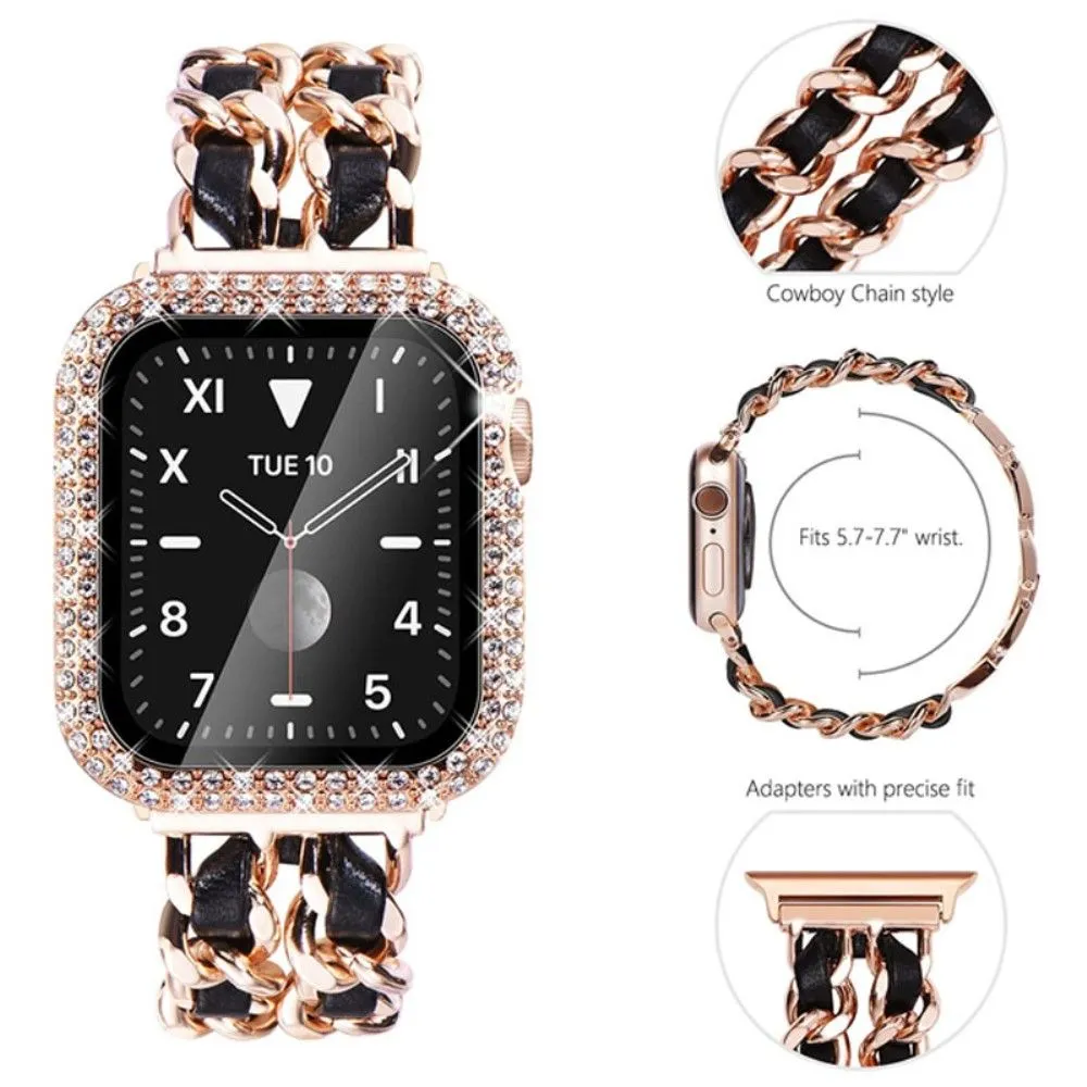 Apple Watch Series 3/2/1 38mm elegant stainless steel with rhinestone cover - Rose Gold / Black Leather