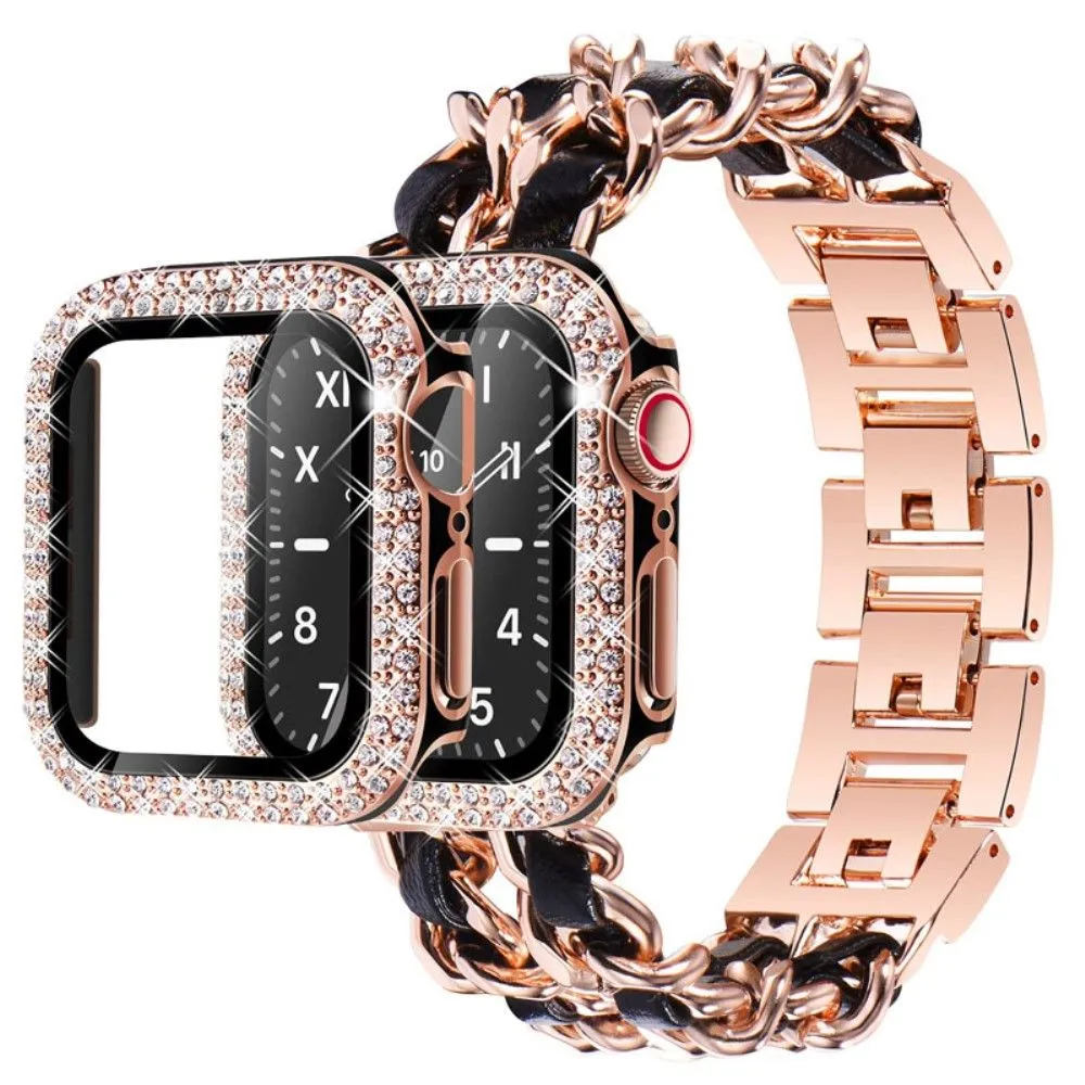 Apple Watch Series 3/2/1 38mm elegant stainless steel with rhinestone cover - Rose Gold / Black Leather
