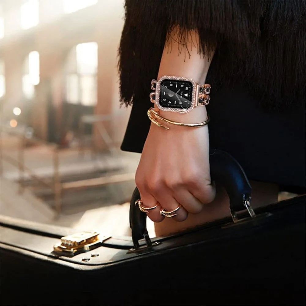Apple Watch Series 3/2/1 38mm elegant stainless steel with rhinestone cover - Rose Gold / Black Leather