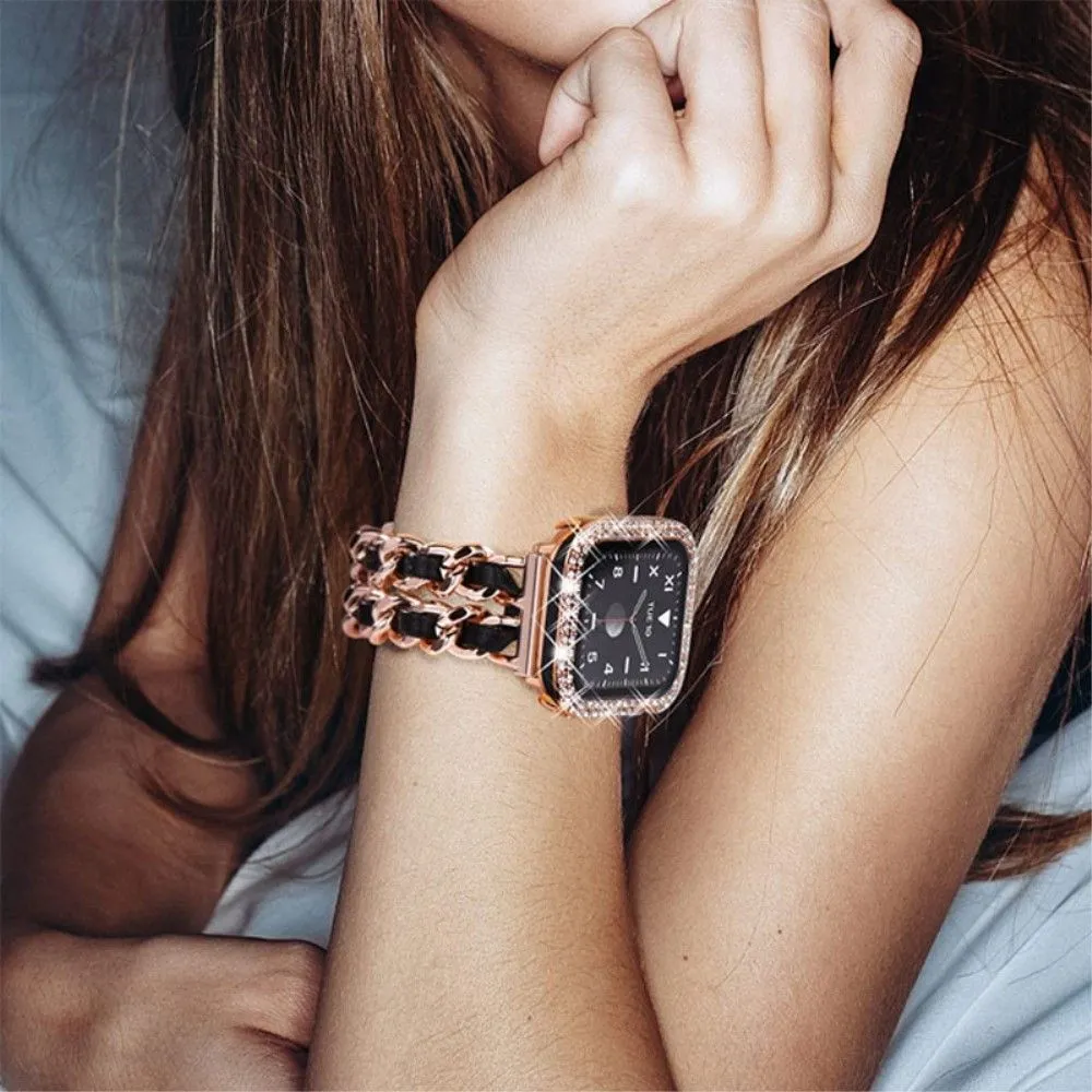 Apple Watch Series 3/2/1 38mm elegant stainless steel with rhinestone cover - Rose Gold / Black Leather