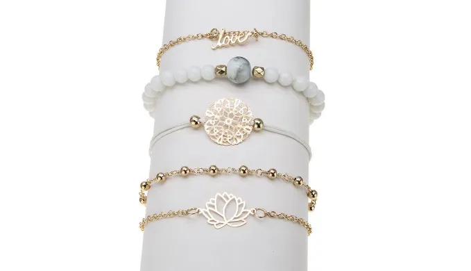 Arcoris White Marble Filigree Pendant & Love 5 Piece Bracelet Set