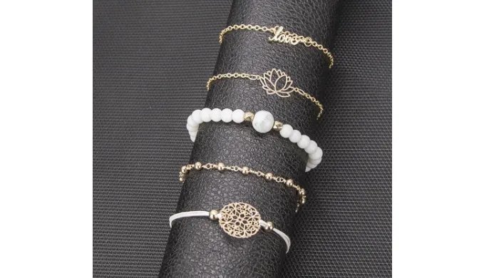 Arcoris White Marble Filigree Pendant & Love 5 Piece Bracelet Set