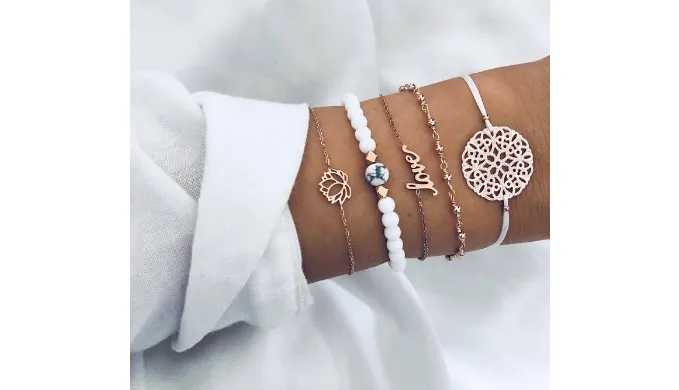 Arcoris White Marble Filigree Pendant & Love 5 Piece Bracelet Set