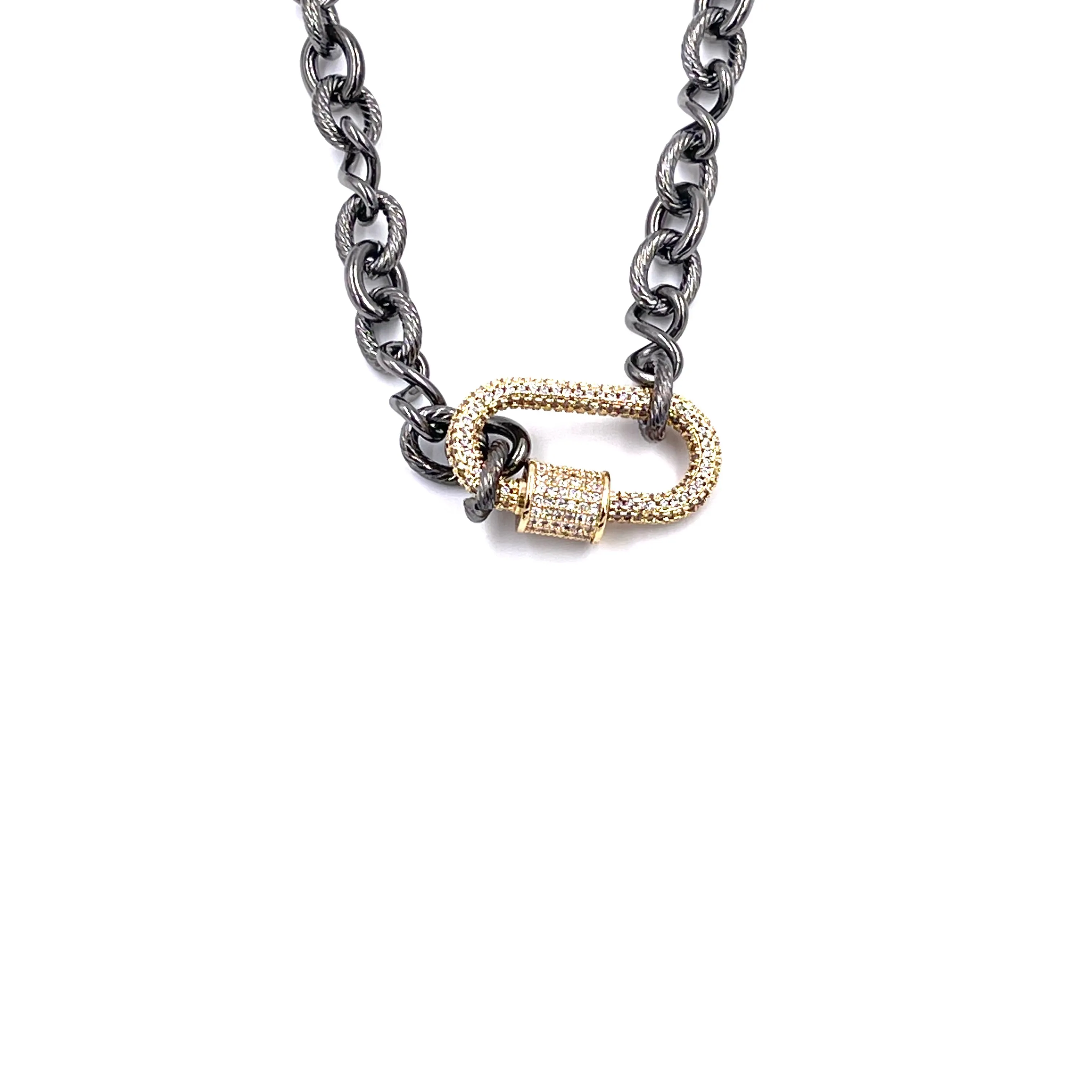 Ashley Gold Stainless Steel Mixed Metal Gold CZ Lock Necklace
