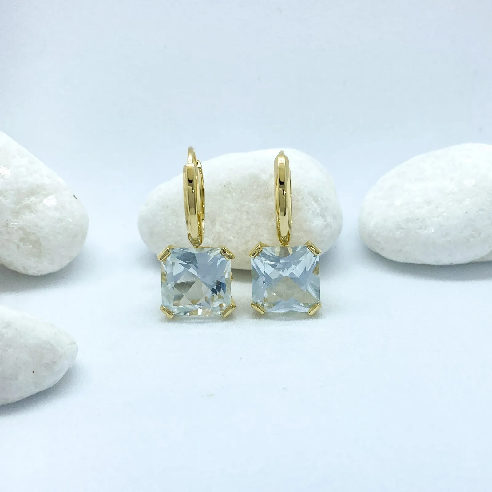 Asscher Cut White Topaz Plated Yellow Gold Silver Earrings | Stargaze Collection