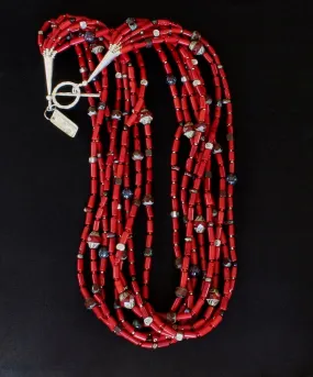 Bamboo Coral Cylinder Bead 8-Strand Necklace with Multi-Hued Czech Glass, and Sterling Silver Beads, Cones & Toggle Clasp