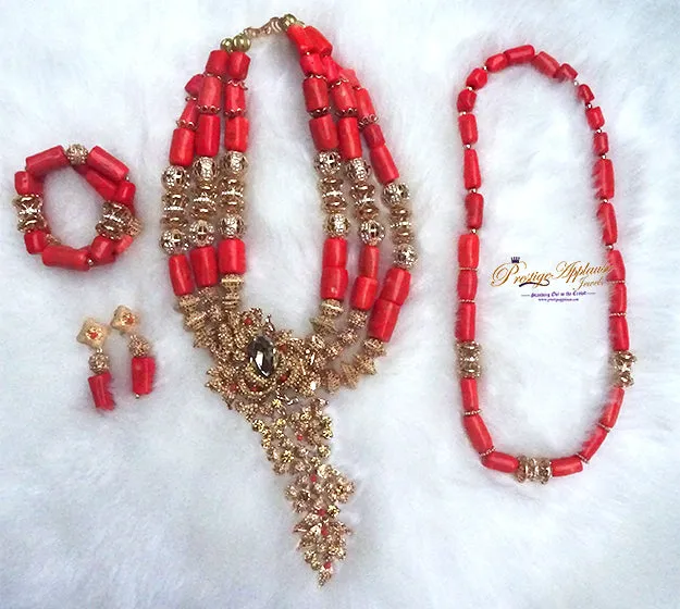 Celebrant Detailed Real Traditional Bridal Groom Wedding 100% Coral Complete Bride Men Necklace Jewellery Set
