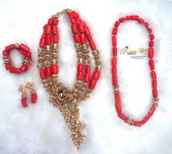 Celebrant Detailed Real Traditional Bridal Groom Wedding 100% Coral Complete Bride Men Necklace Jewellery Set