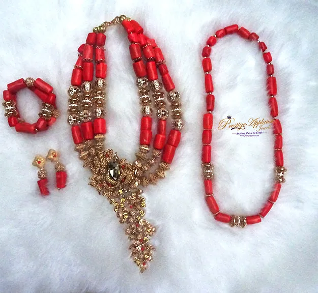 Celebrant Detailed Real Traditional Bridal Groom Wedding 100% Coral Complete Bride Men Necklace Jewellery Set