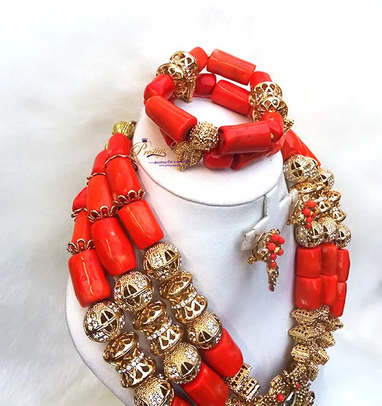 Celebrant Detailed Real Traditional Bridal Groom Wedding 100% Coral Complete Bride Men Necklace Jewellery Set
