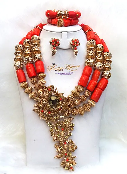 Celebrant Detailed Real Traditional Bridal Groom Wedding 100% Coral Complete Bride Men Necklace Jewellery Set