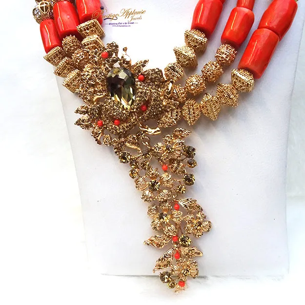 Celebrant Detailed Real Traditional Bridal Groom Wedding 100% Coral Complete Bride Men Necklace Jewellery Set
