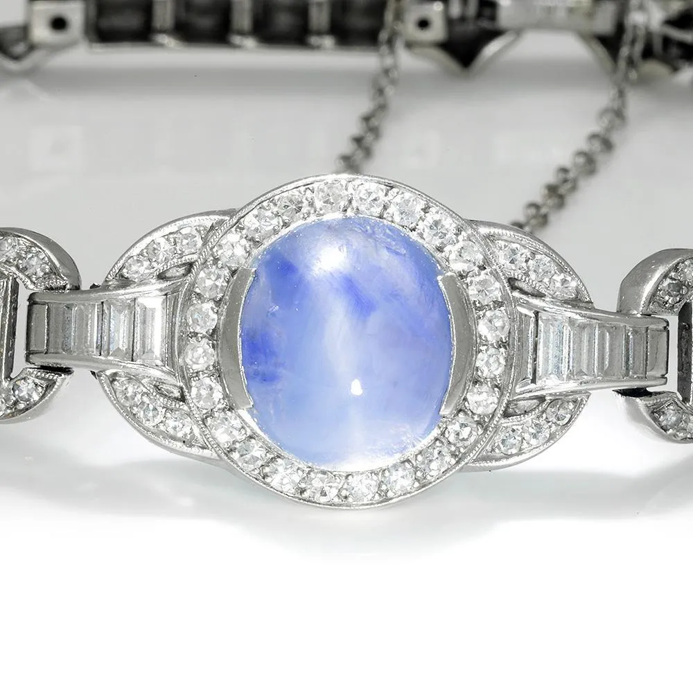 Certified Art Deco Star Sapphire Bracelet with Diamonds Platinum