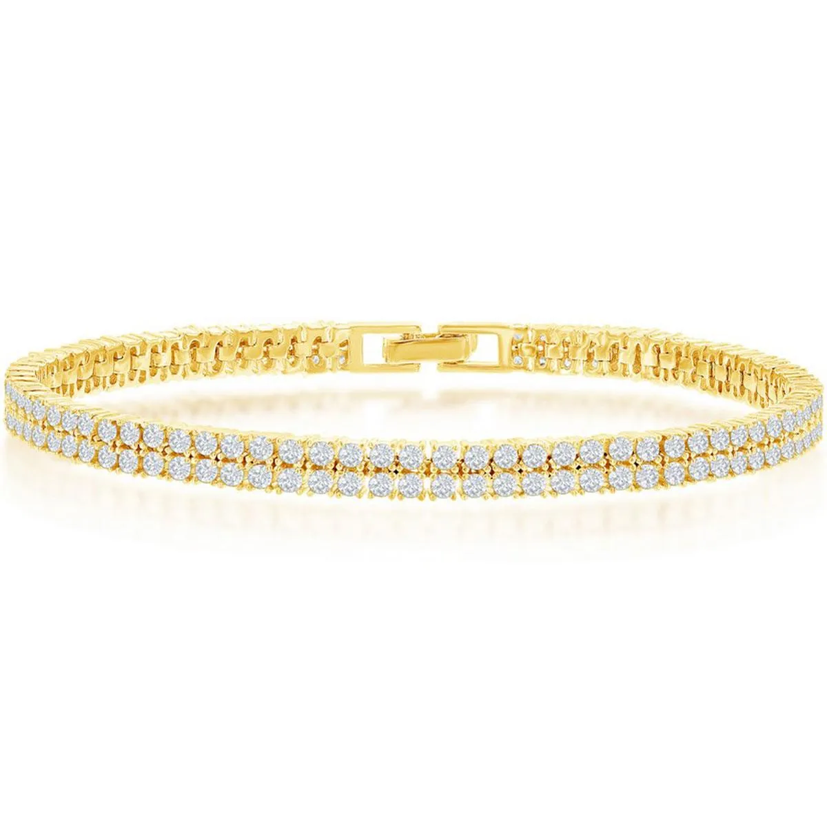 Classic Women's Bracelet - Sterling Silver Gold Double Row CZ Tennis | T-7885-GP
