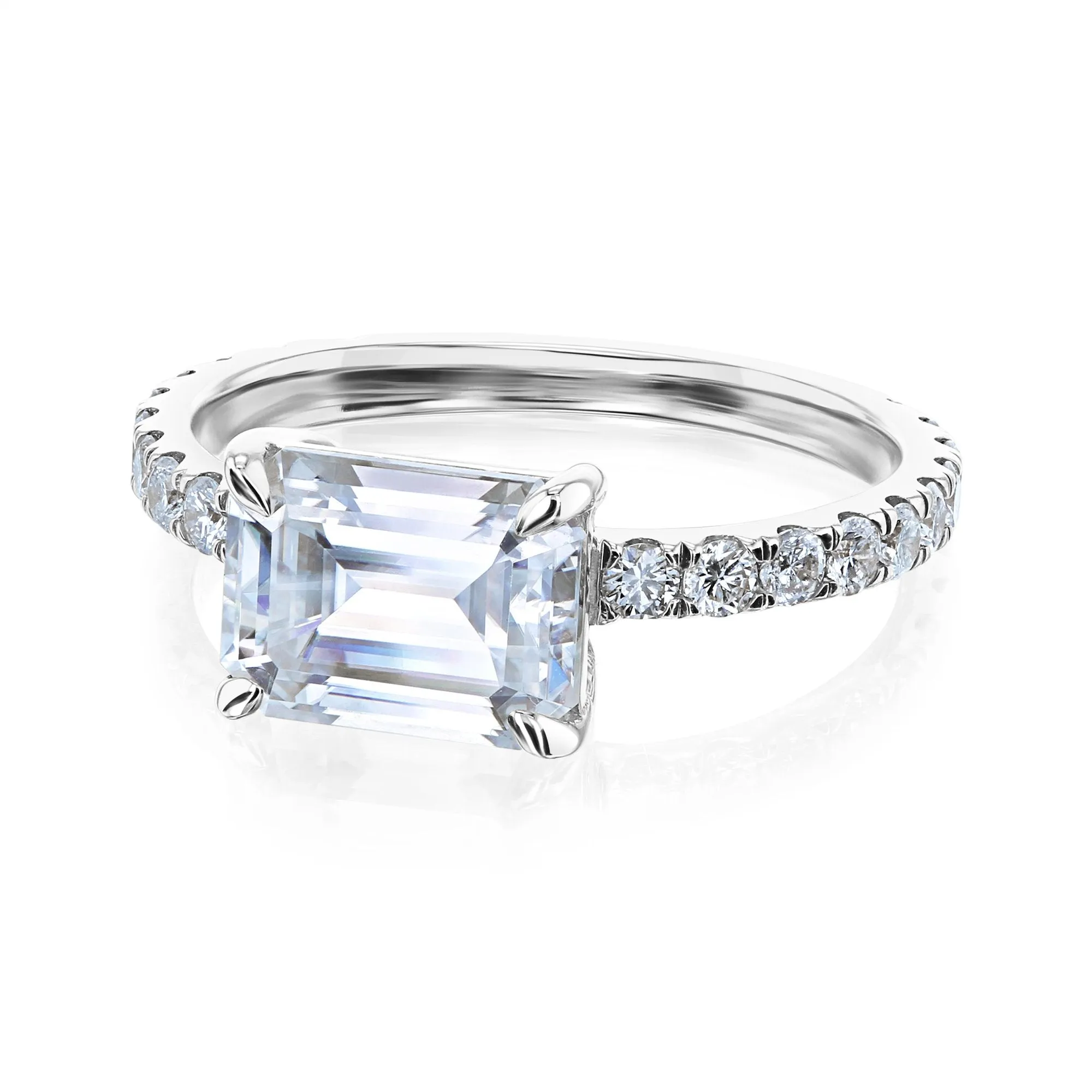 East-West Style Emerald Moissanite Engagement Ring