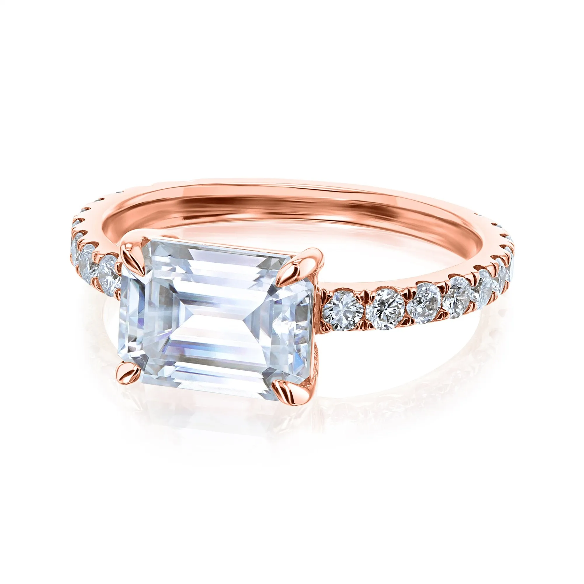 East-West Style Emerald Moissanite Engagement Ring