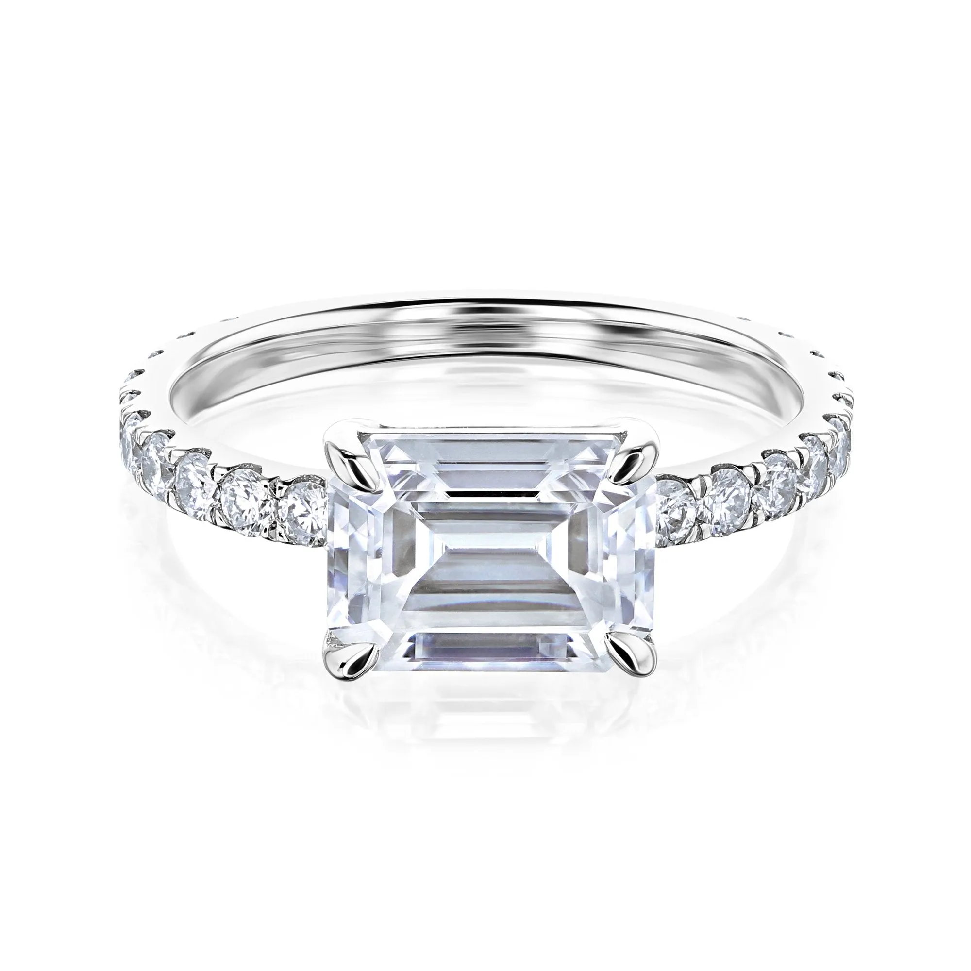 East-West Style Emerald Moissanite Engagement Ring