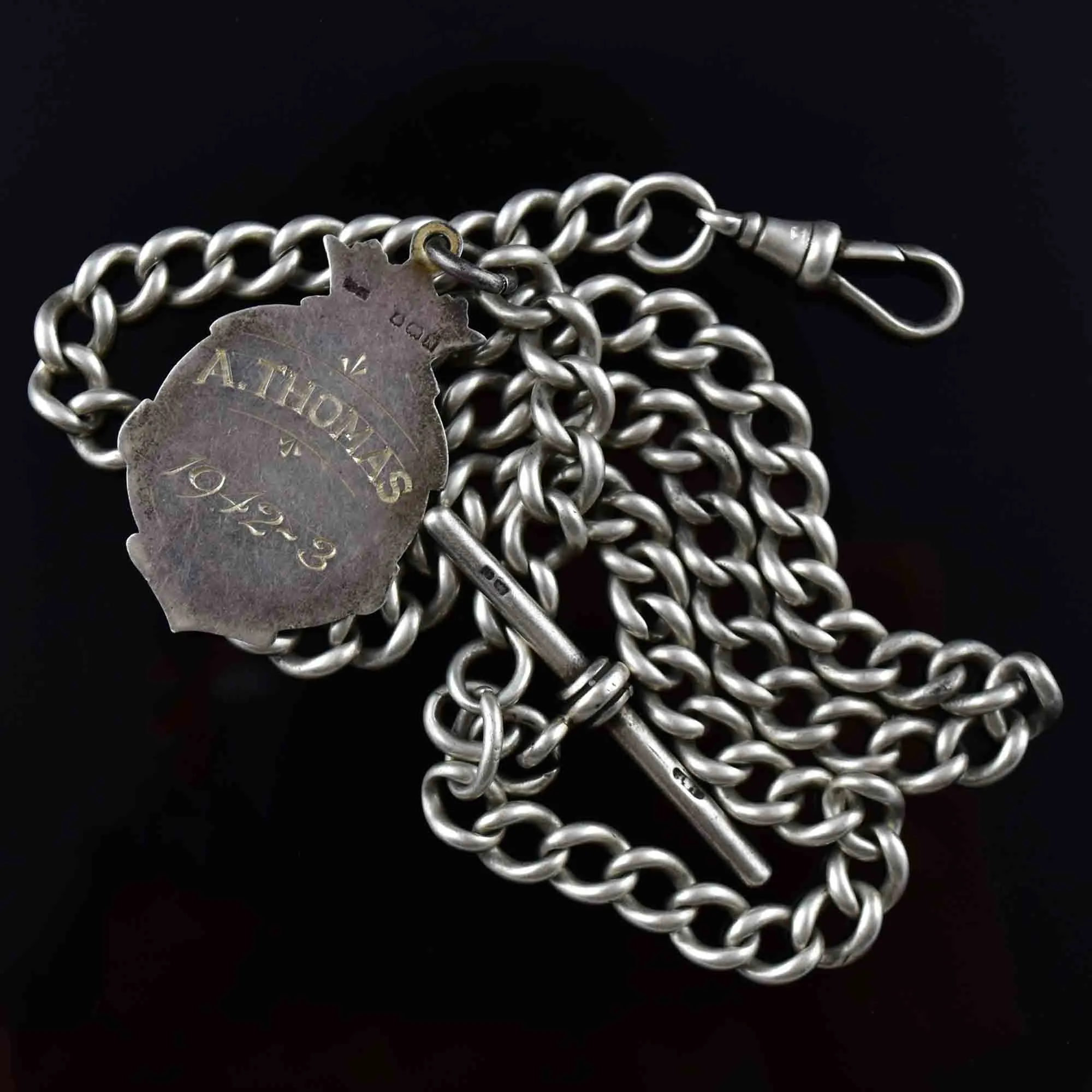 Edwardian Silver Rose Gold Shield Medallion Watch Chain Necklace
