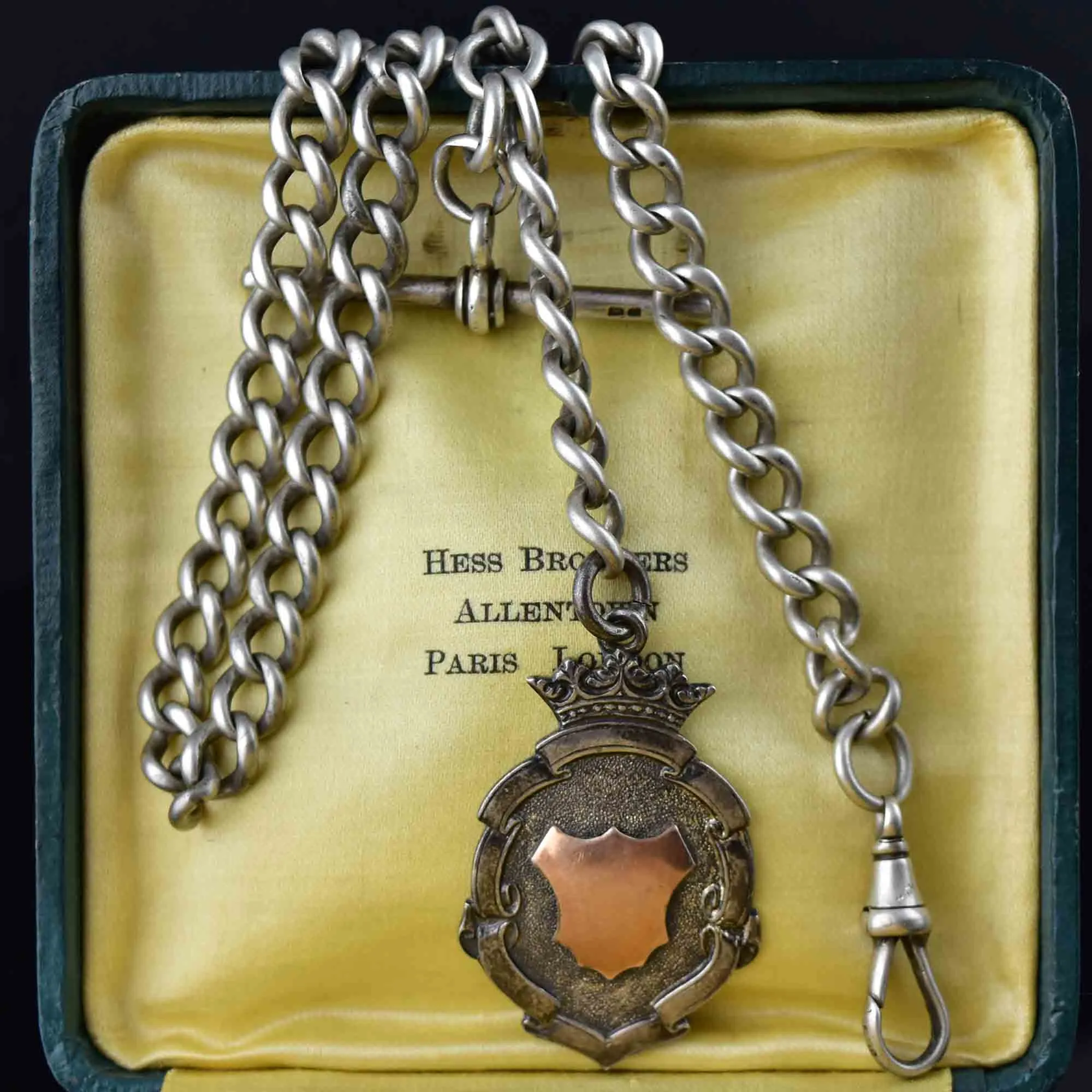 Edwardian Silver Rose Gold Shield Medallion Watch Chain Necklace