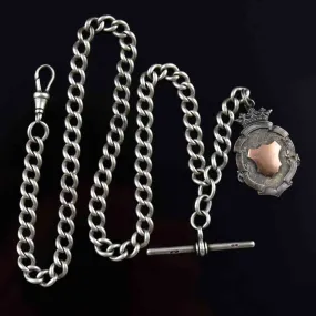 Edwardian Silver Rose Gold Shield Medallion Watch Chain Necklace