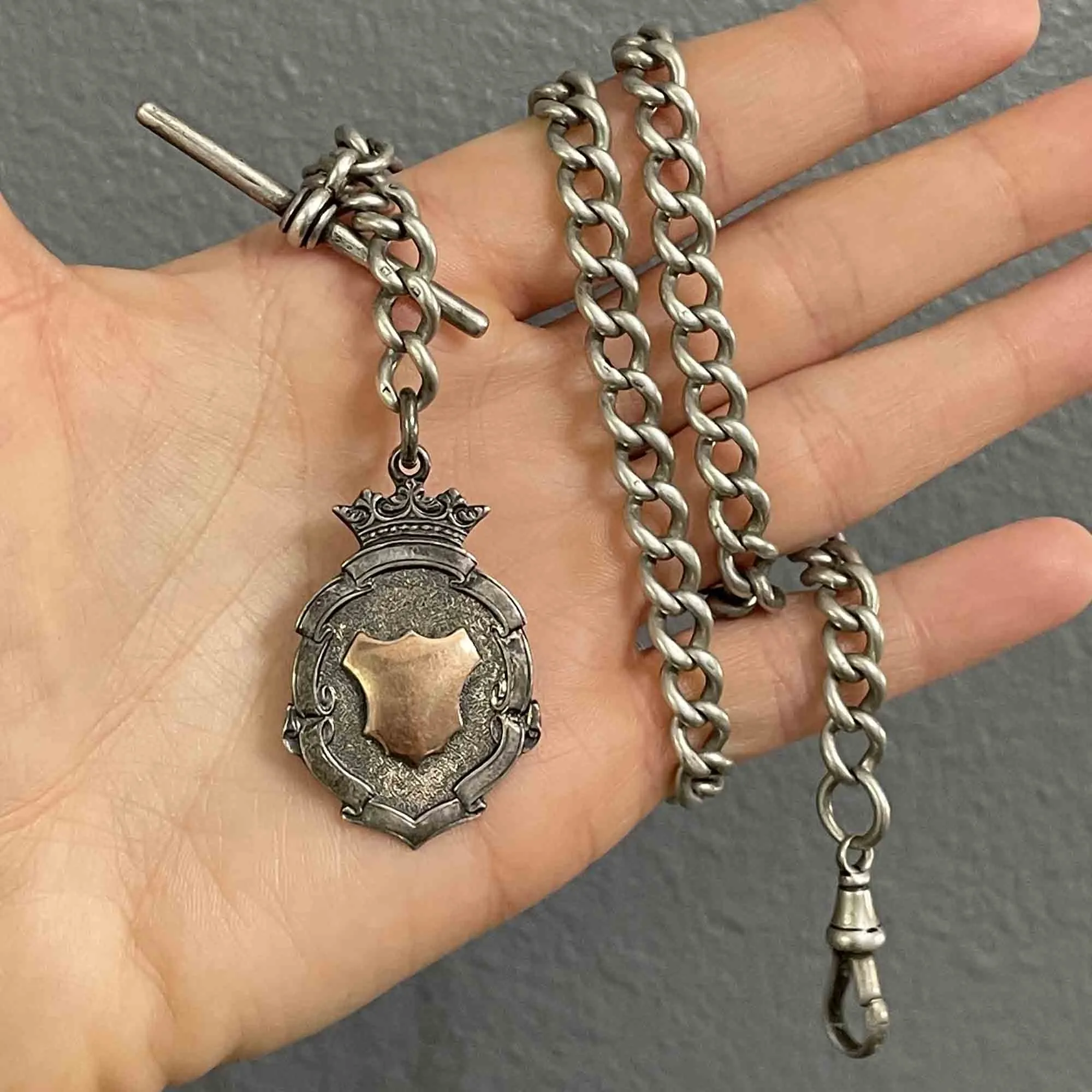 Edwardian Silver Rose Gold Shield Medallion Watch Chain Necklace
