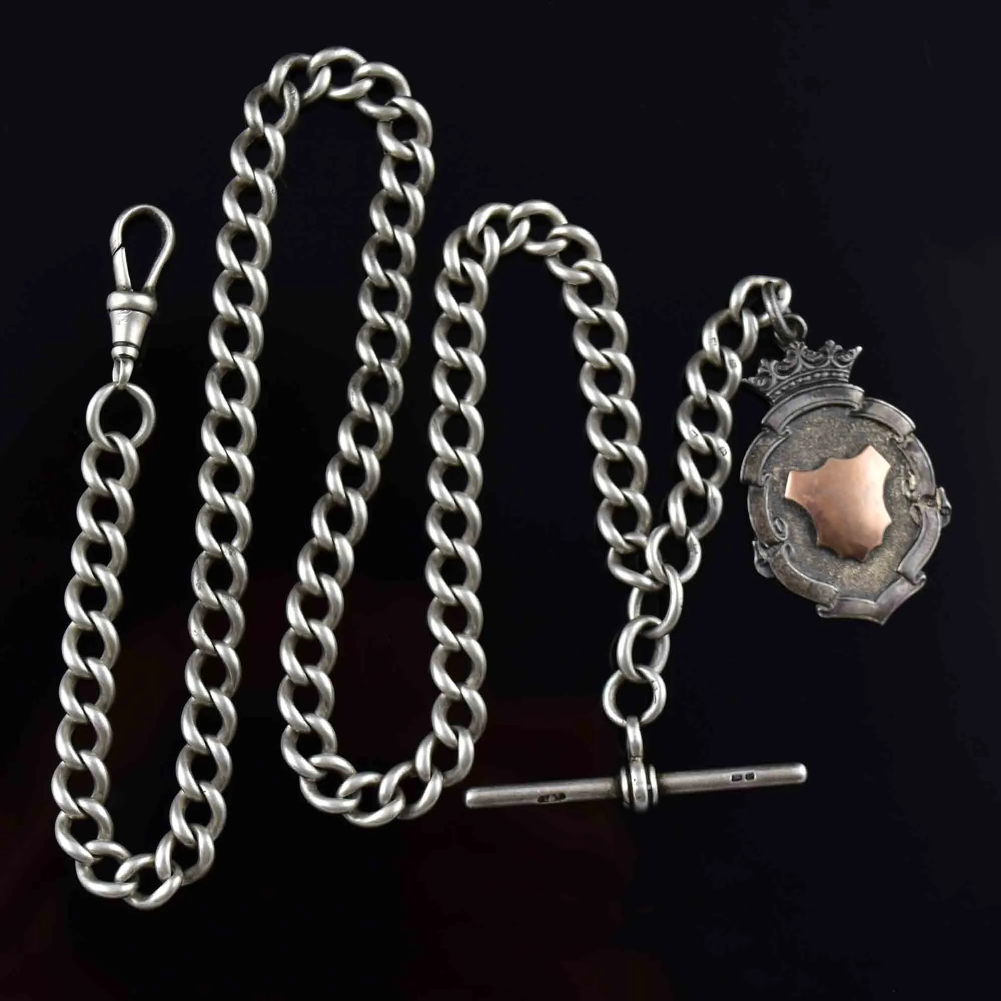 Edwardian Silver Rose Gold Shield Medallion Watch Chain Necklace