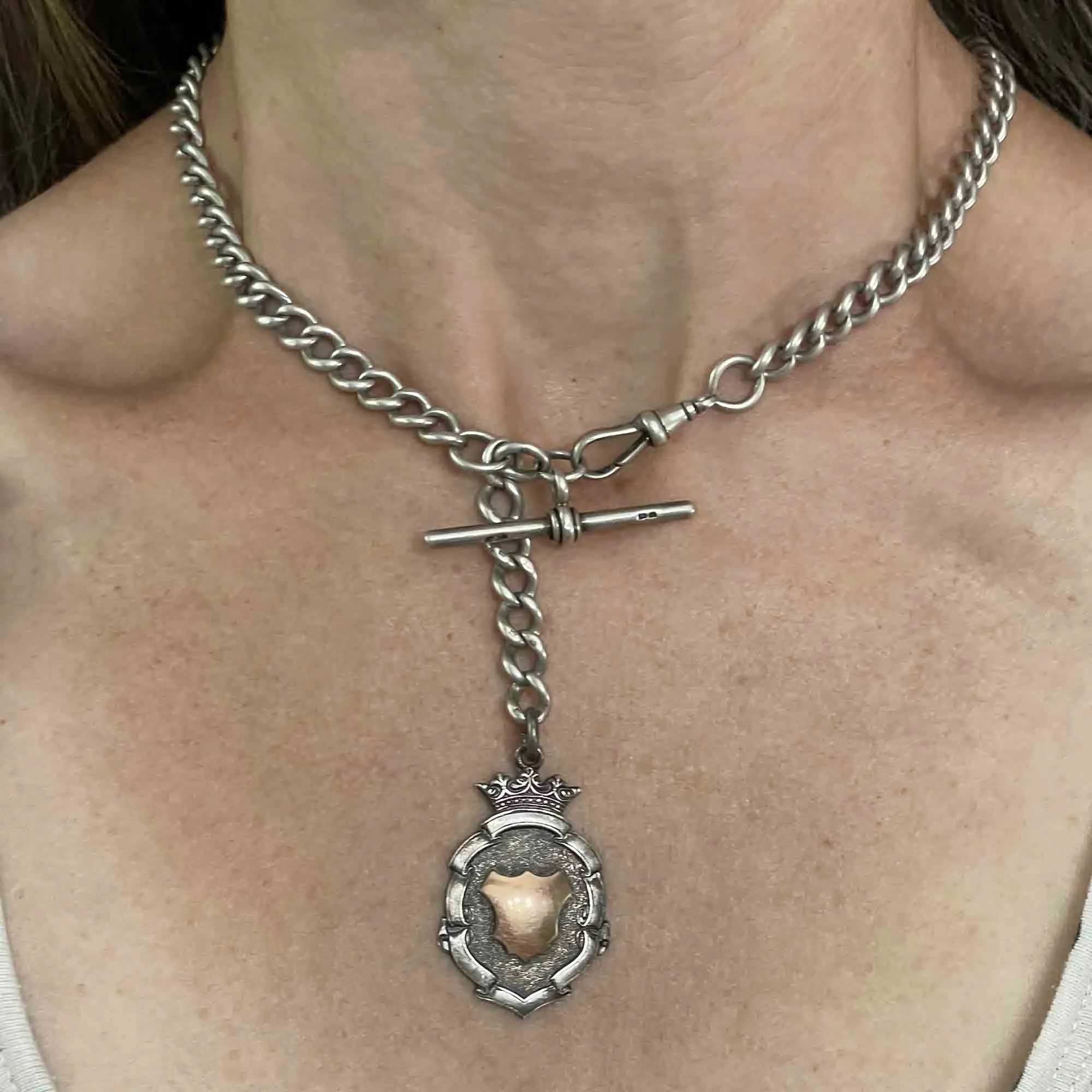 Edwardian Silver Rose Gold Shield Medallion Watch Chain Necklace