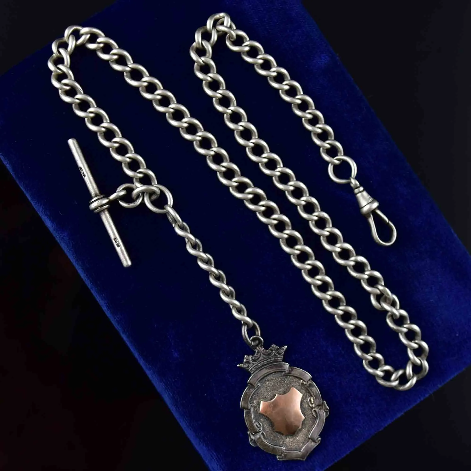 Edwardian Silver Rose Gold Shield Medallion Watch Chain Necklace